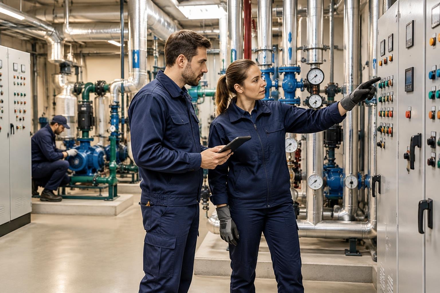 Facility maintenance team in a commercial plant room